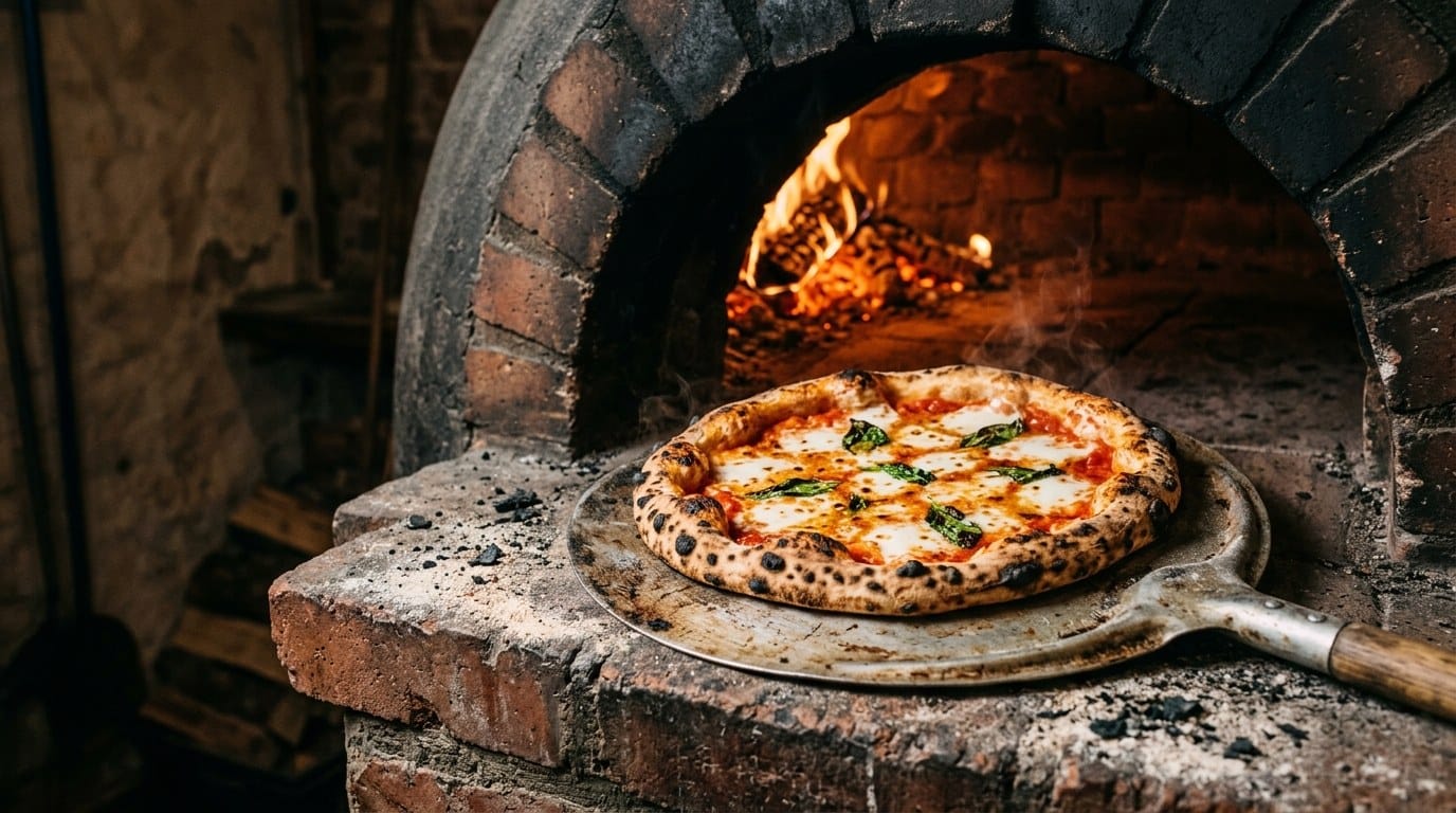 Pizza Margherita auf einer Pizzaschaufel vor einem gemauerten Holzofen mit Flamme