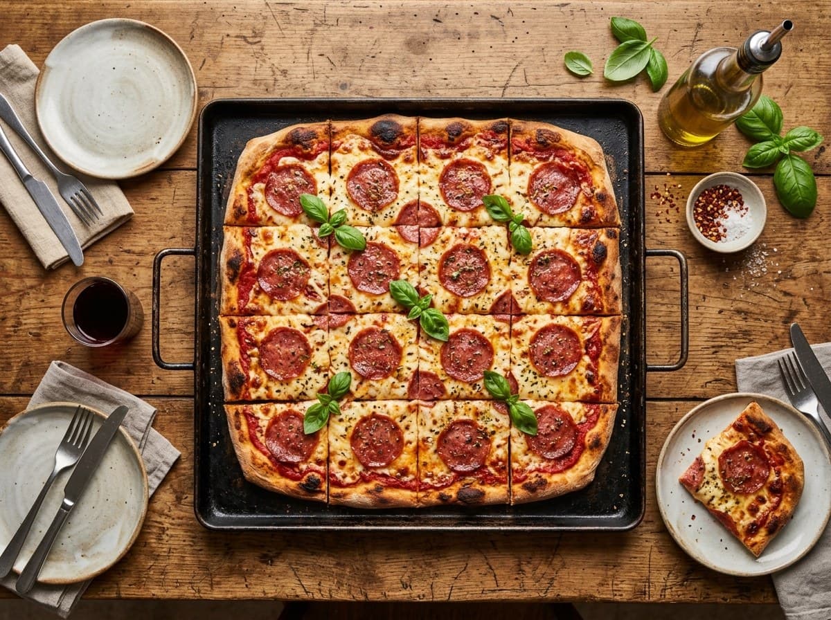Eckige Pizza mit Salami auf einem Backblech, auf einem Holztisch angerichtet