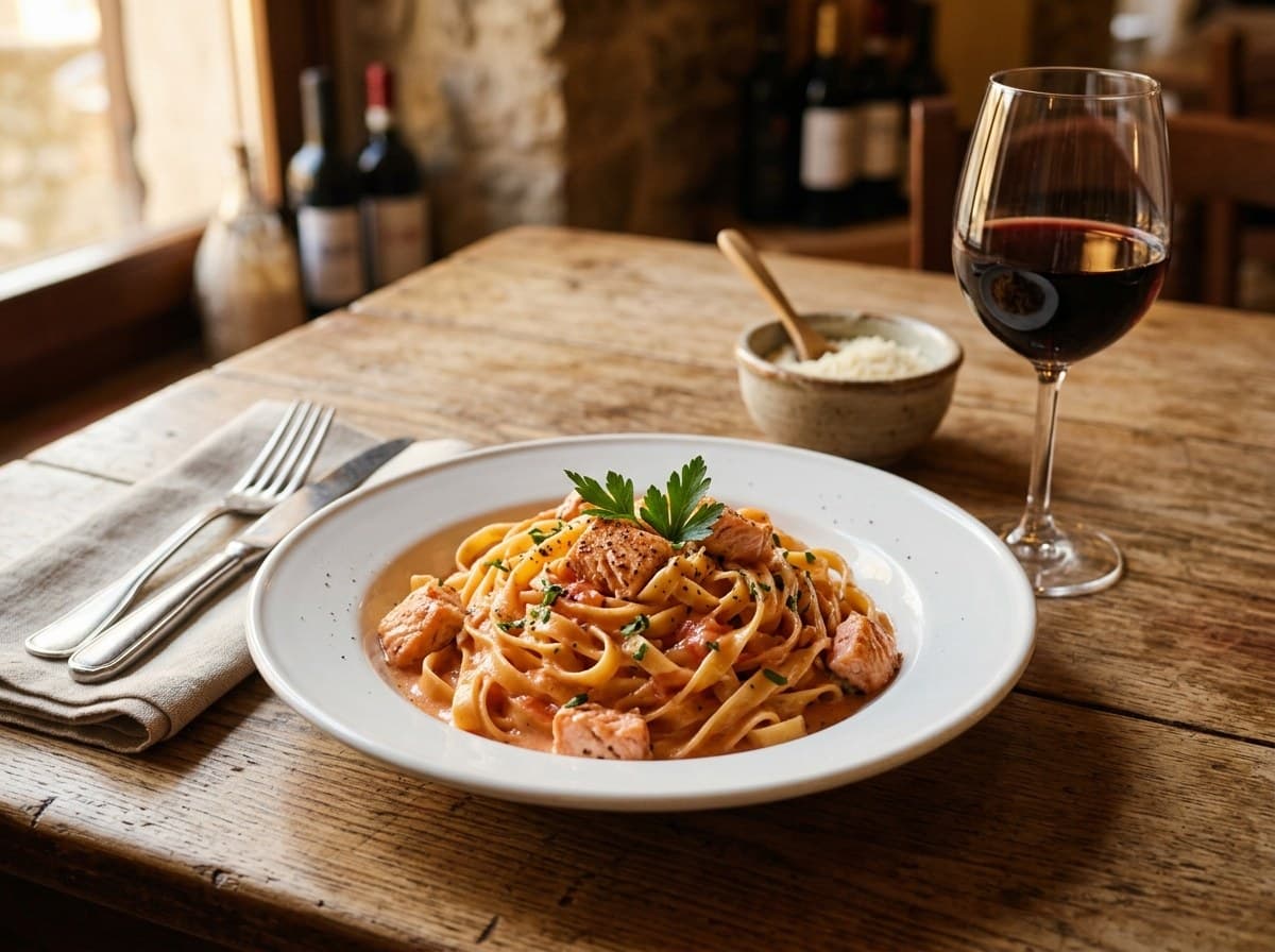 Tagliatelle mit Lachs in Tomaten-Sahnesauce auf einem weißen Teller